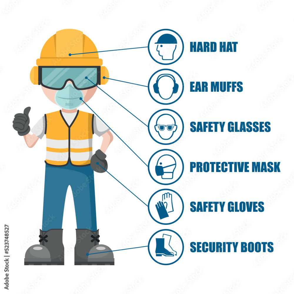 Worker with his personal protective equipment. Set of industrial safety ... Worker with his personal protective equipment. Set of industrial safety ...