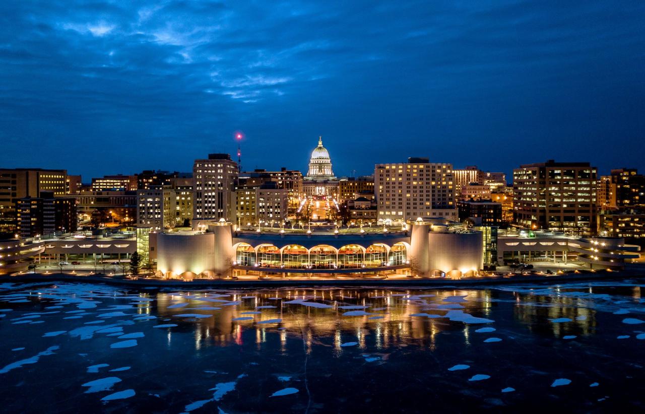 Madison, Wisconsin from a frozen Lake Monona | Monona terrace, Discover ...